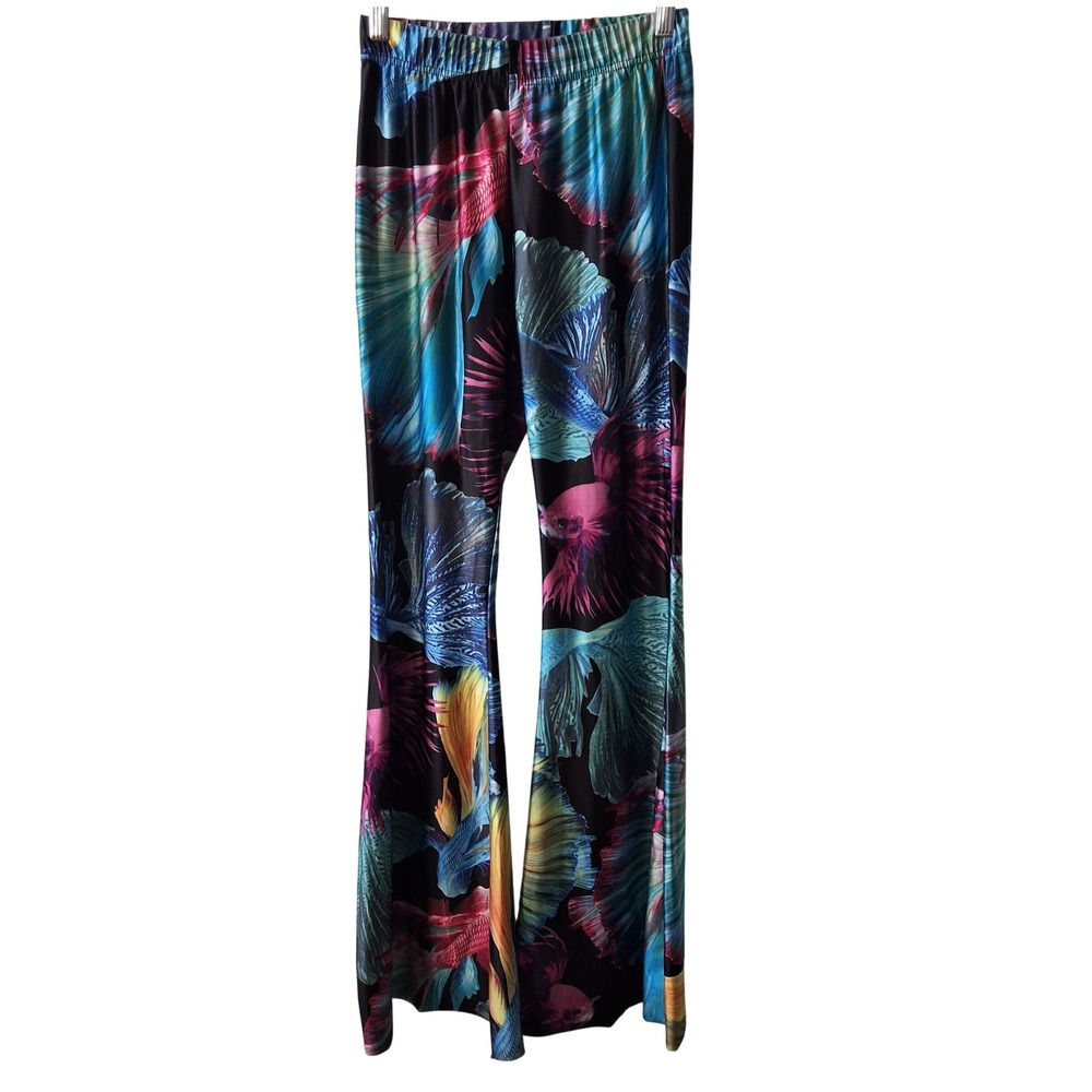 Beta Fish Print Women Bell Bottom Leggings Neon Festival Raver EDM Unique Rare - Picture 2 of 5